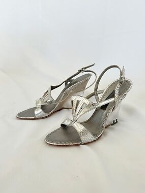 Alberta Ferretti silver snakeskin leather wedge sandals